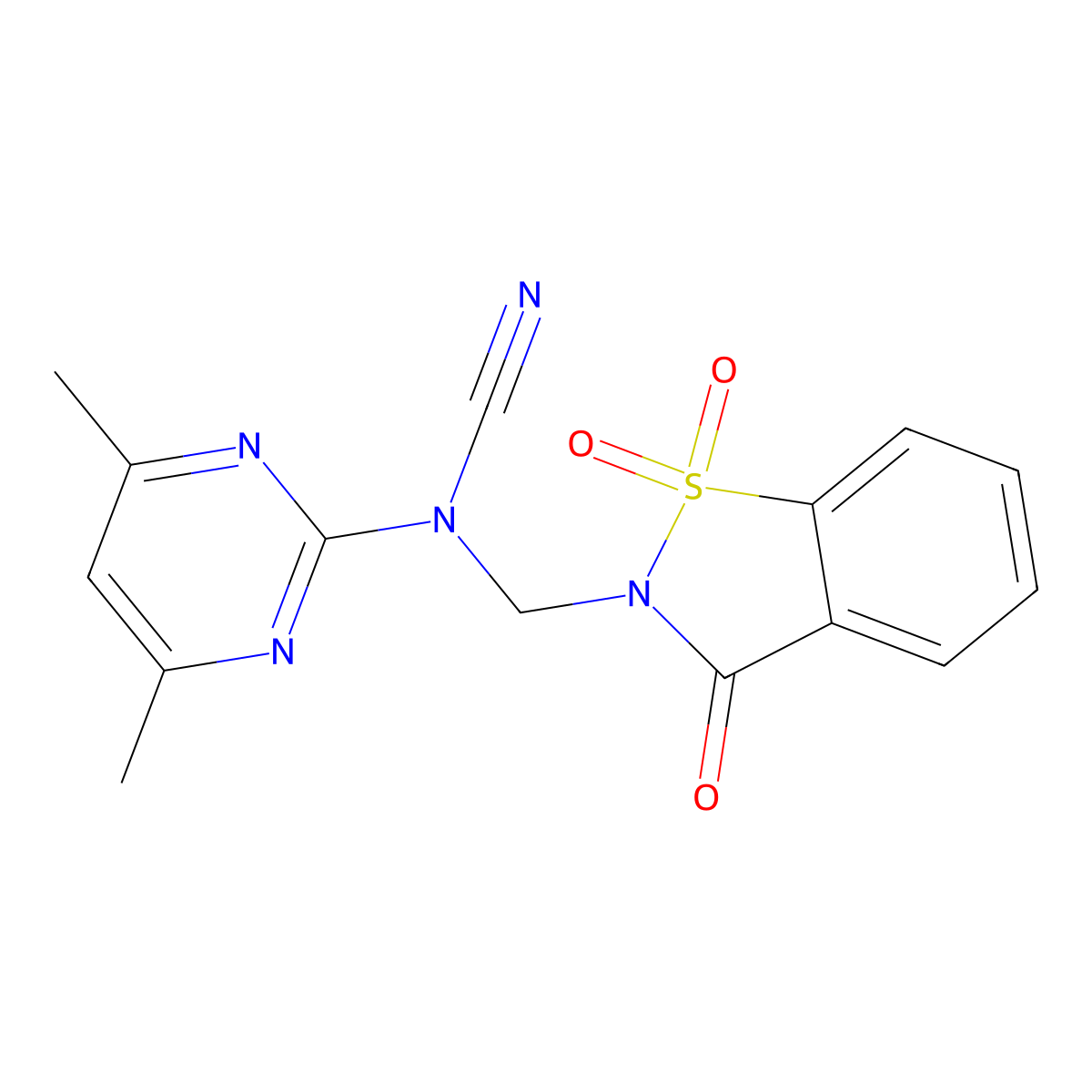 Cyanamide, (4,6-dimethyl-2-pyrimidinyl)[(1,1-dioxido-3-oxo-1,2-benzisothiazol-2(3H)-yl)methyl]- molecular structure, CAS 312585-67-4