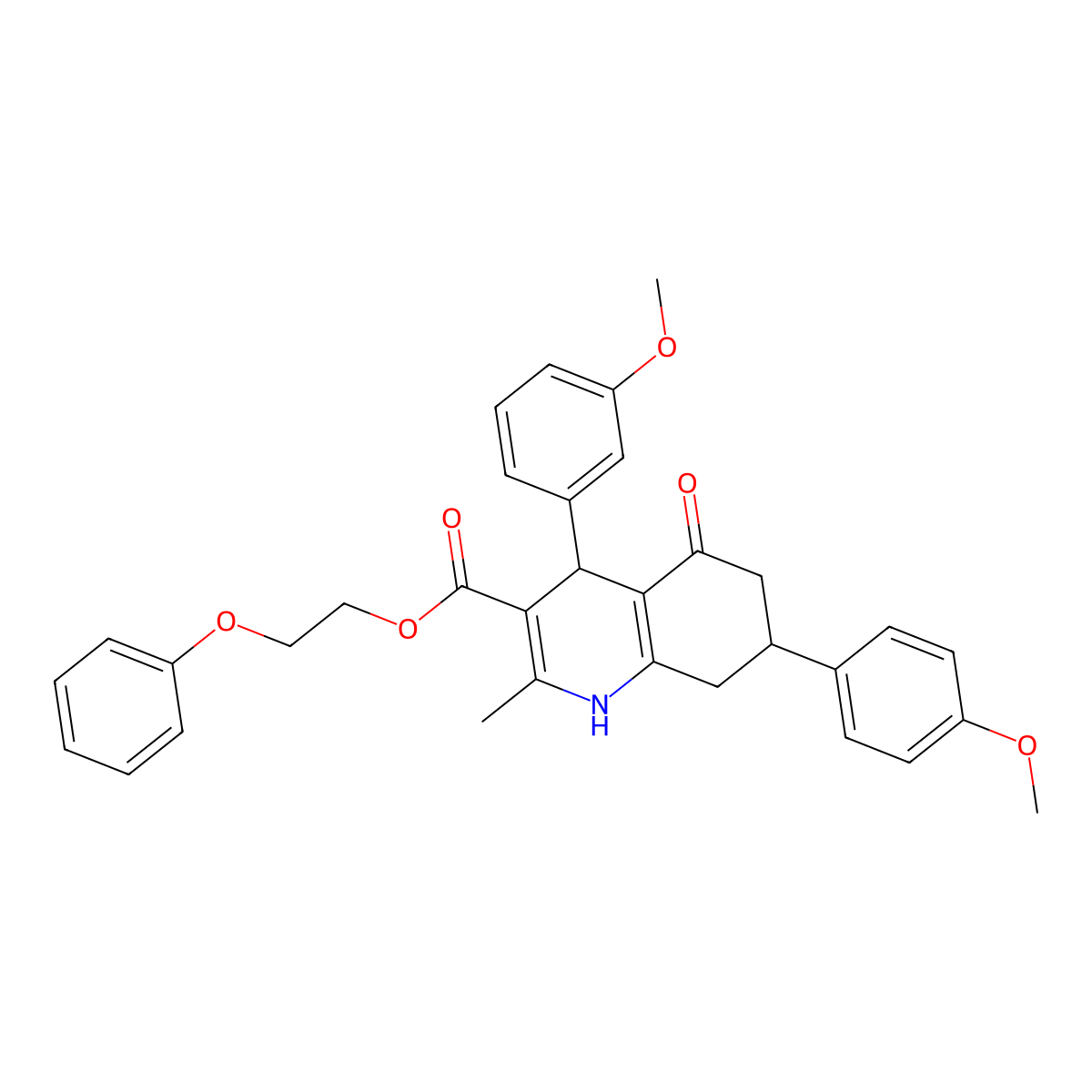 2-Phenoxyethyl 4-(3-methoxyphenyl)-7-(4-methoxyphenyl)-2-methyl-5-oxo-1,4,5,6,7,8-hexahydroquinoline-3-carboxylate molecular structure, CAS 312586-08-6