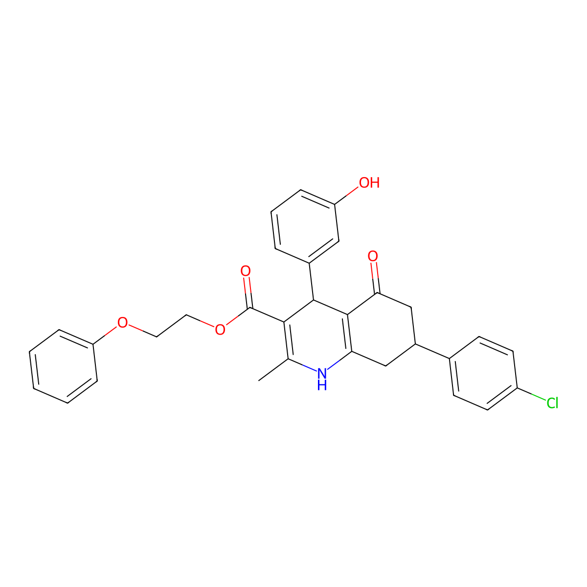 2-Phenoxyethyl 7-(4-chlorophenyl)-4-(3-hydroxyphenyl)-2-methyl-5-oxo-1,4,5,6,7,8-hexahydroquinoline-3-carboxylate molecular structure, CAS 312586-10-0
