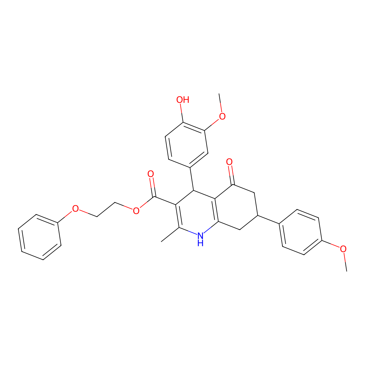 2-Phenoxyethyl 4-(4-hydroxy-3-methoxyphenyl)-7-(4-methoxyphenyl)-2-methyl-5-oxo-1,4,5,6,7,8-hexahydroquinoline-3-carboxylate molecular structure, CAS 312586-13-3