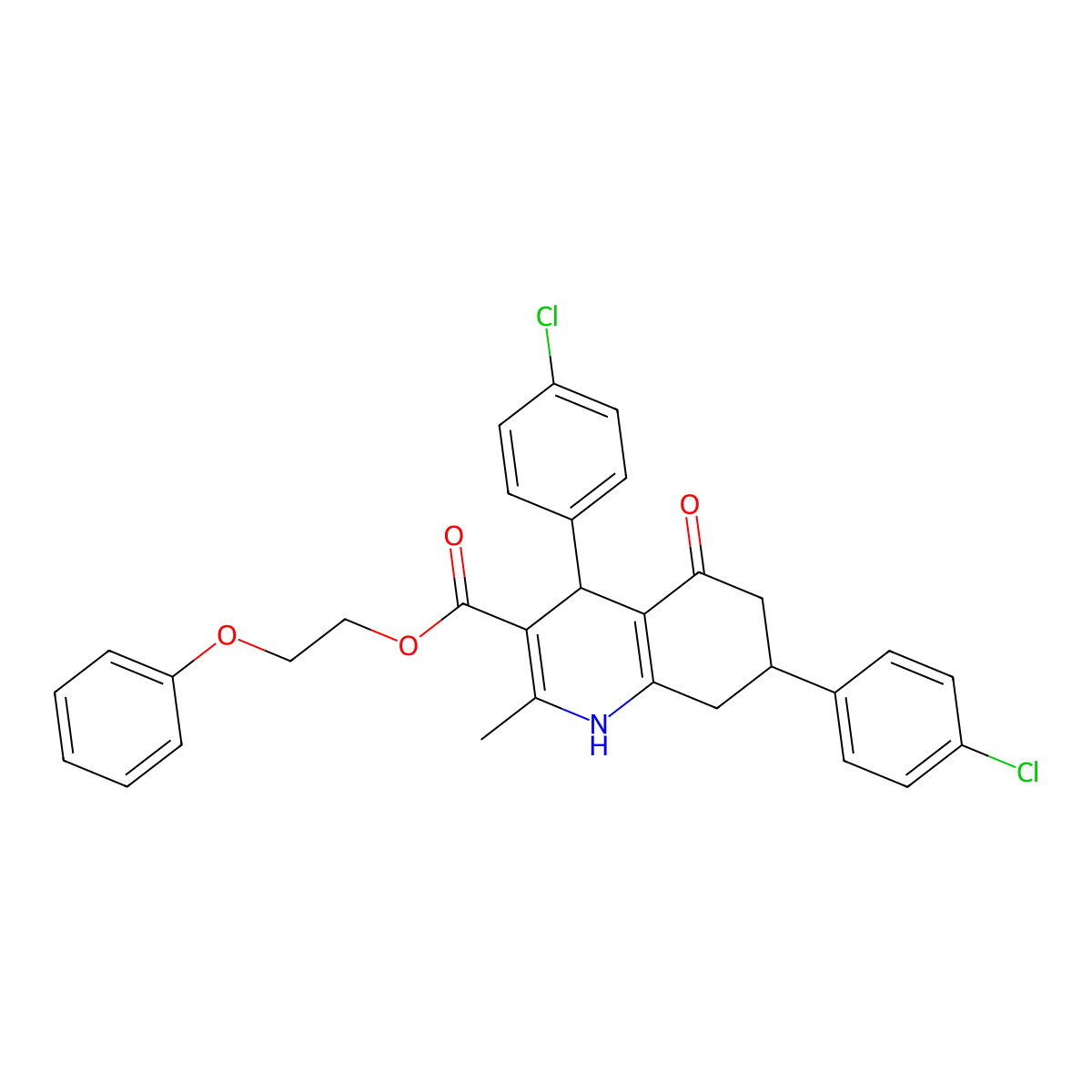 2-Phenoxyethyl 4,7-bis(4-chlorophenyl)-2-methyl-5-oxo-1,4,5,6,7,8-hexahydroquinoline-3-carboxylate molecular structure, CAS 312586-14-4