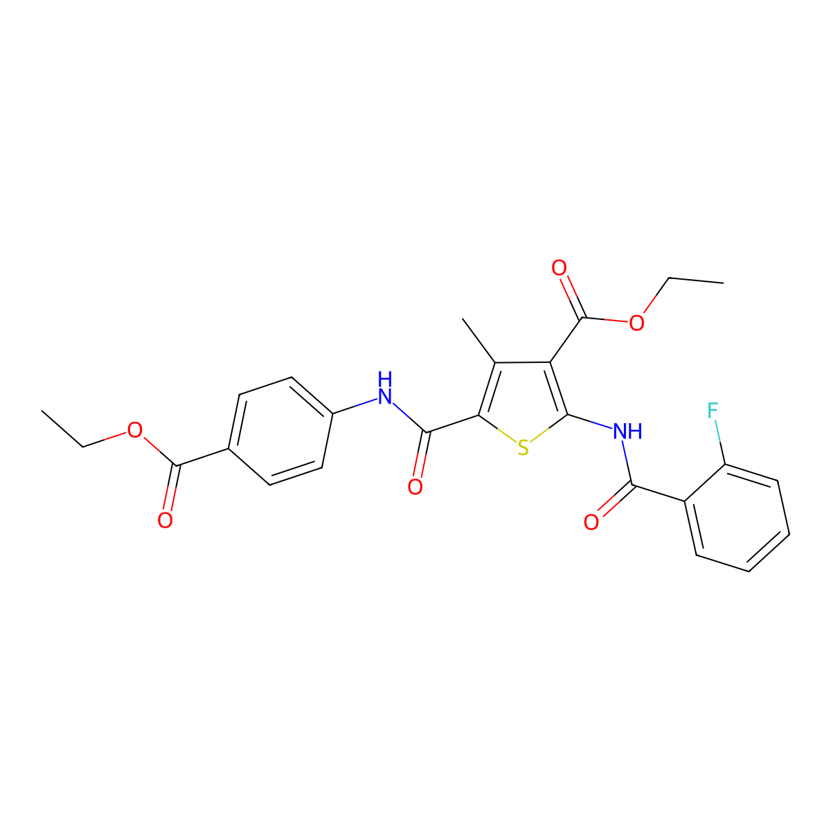 Ethyl 5-[(4-ethoxycarbonylphenyl)carbamoyl]-2-[(2-fluorobenzoyl)amino]-4-methylthiophene-3-carboxylate molecular structure, CAS 312586-25-7