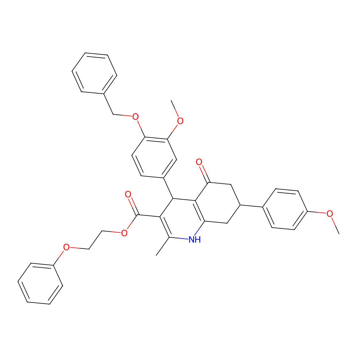 2-Phenoxyethyl 4-[4-(benzyloxy)-3-methoxyphenyl]-7-(4-methoxyphenyl)-2-methyl-5-oxo-1,4,5,6,7,8-hexahydroquinoline-3-carboxylate molecular structure, CAS 312586-37-1