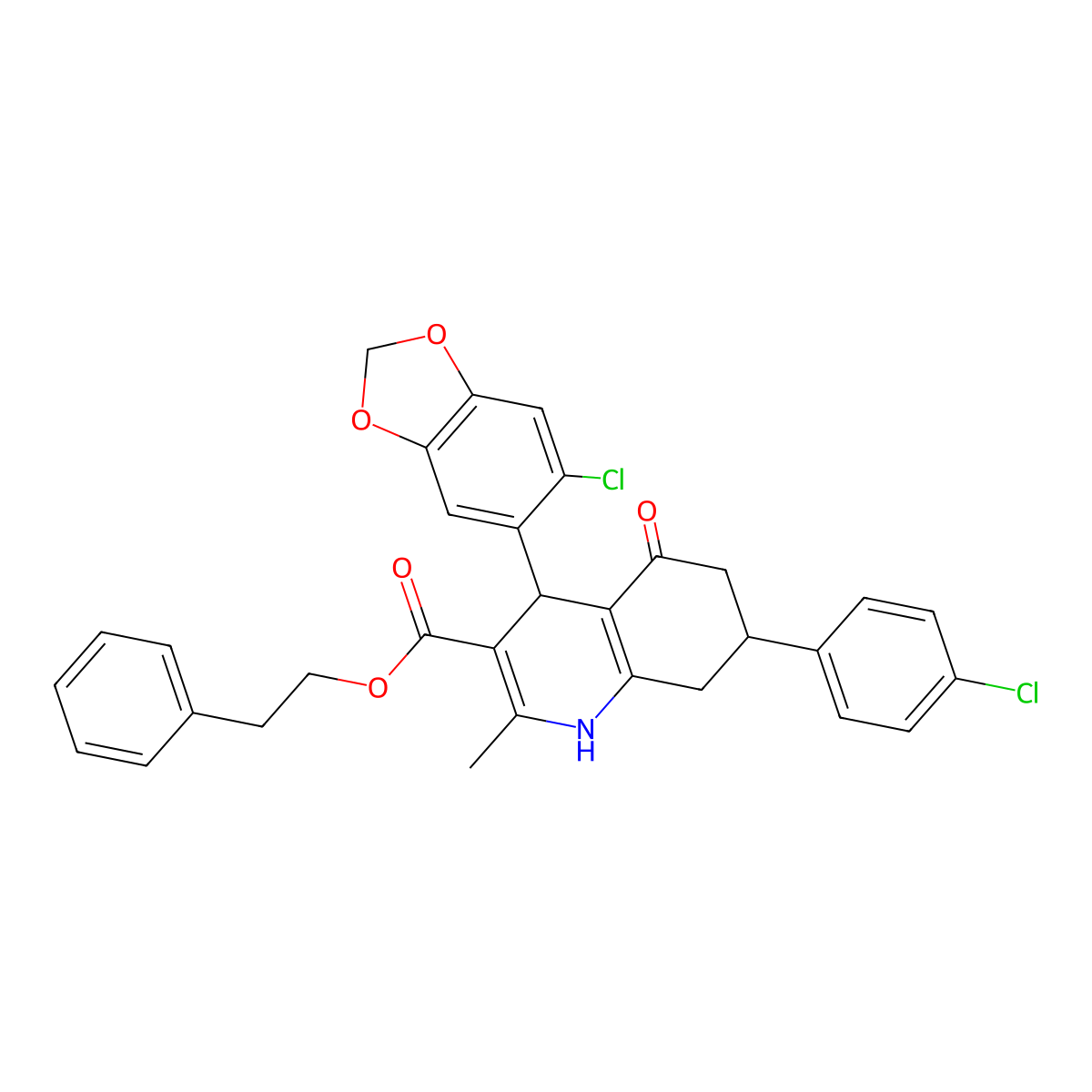 2-Phenylethyl 4-(6-chloro-1,3-benzodioxol-5-yl)-7-(4-chlorophenyl)-2-methyl-5-oxo-1,4,5,6,7,8-hexahydroquinoline-3-carboxylate molecular structure, CAS 312586-44-0