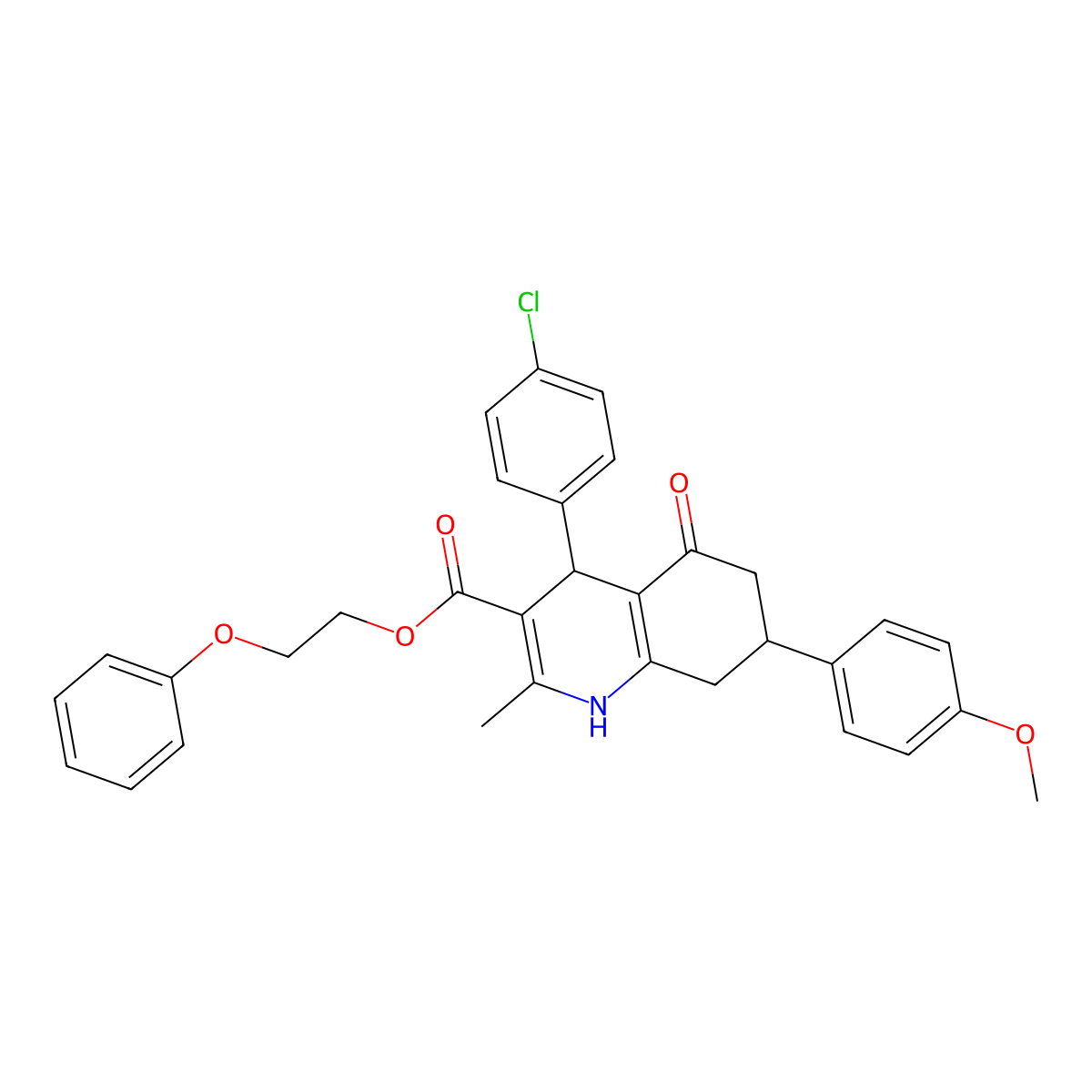 2-Phenoxyethyl 4-(4-chlorophenyl)-7-(4-methoxyphenyl)-2-methyl-5-oxo-1,4,5,6,7,8-hexahydroquinoline-3-carboxylate molecular structure, CAS 312586-46-2