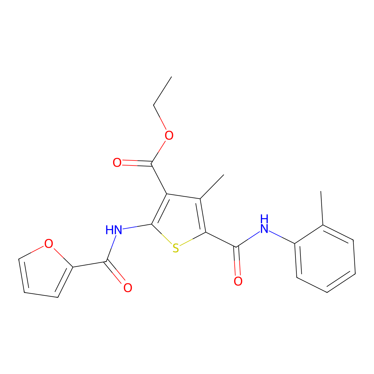 Ethyl 2-(furan-2-carboxamido)-4-methyl-5-(o-tolylcarbamoyl)thiophene-3-carboxylate molecular structure, CAS 312586-50-8