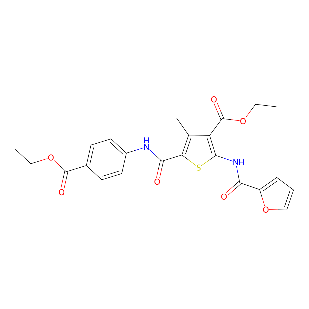 Ethyl 5-{[4-(ethoxycarbonyl)phenyl]carbamoyl}-2-[(furan-2-ylcarbonyl)amino]-4-methylthiophene-3-carboxylate molecular structure, CAS 312586-52-0