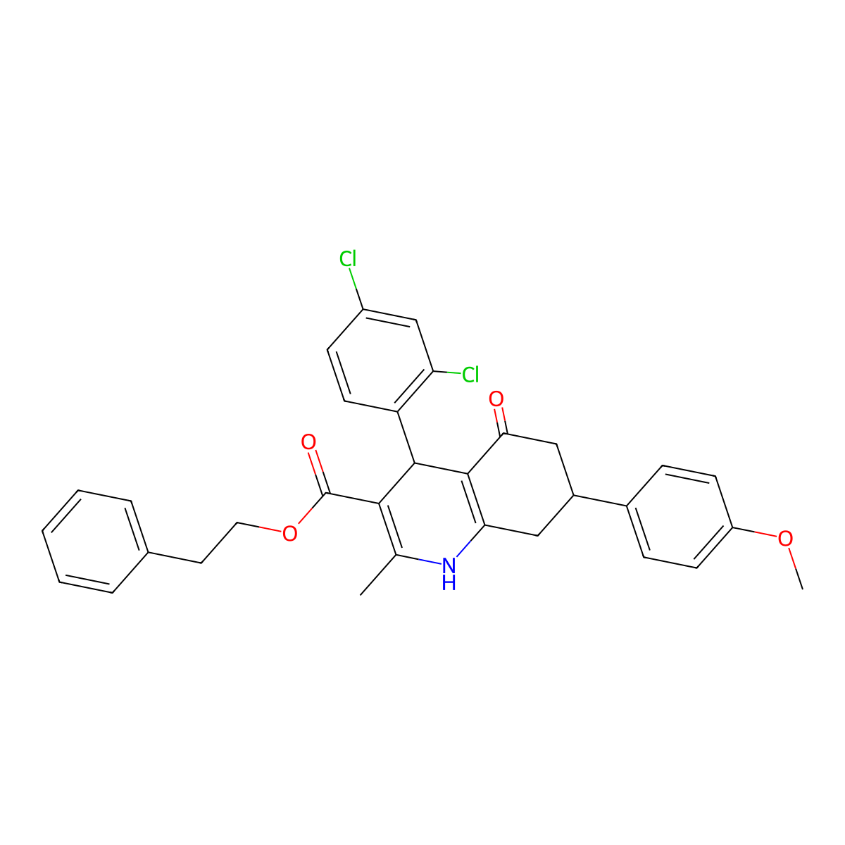 2-Phenylethyl 4-(2,4-dichlorophenyl)-7-(4-methoxyphenyl)-2-methyl-5-oxo-1,4,5,6,7,8-hexahydroquinoline-3-carboxylate molecular structure, CAS 312586-58-6