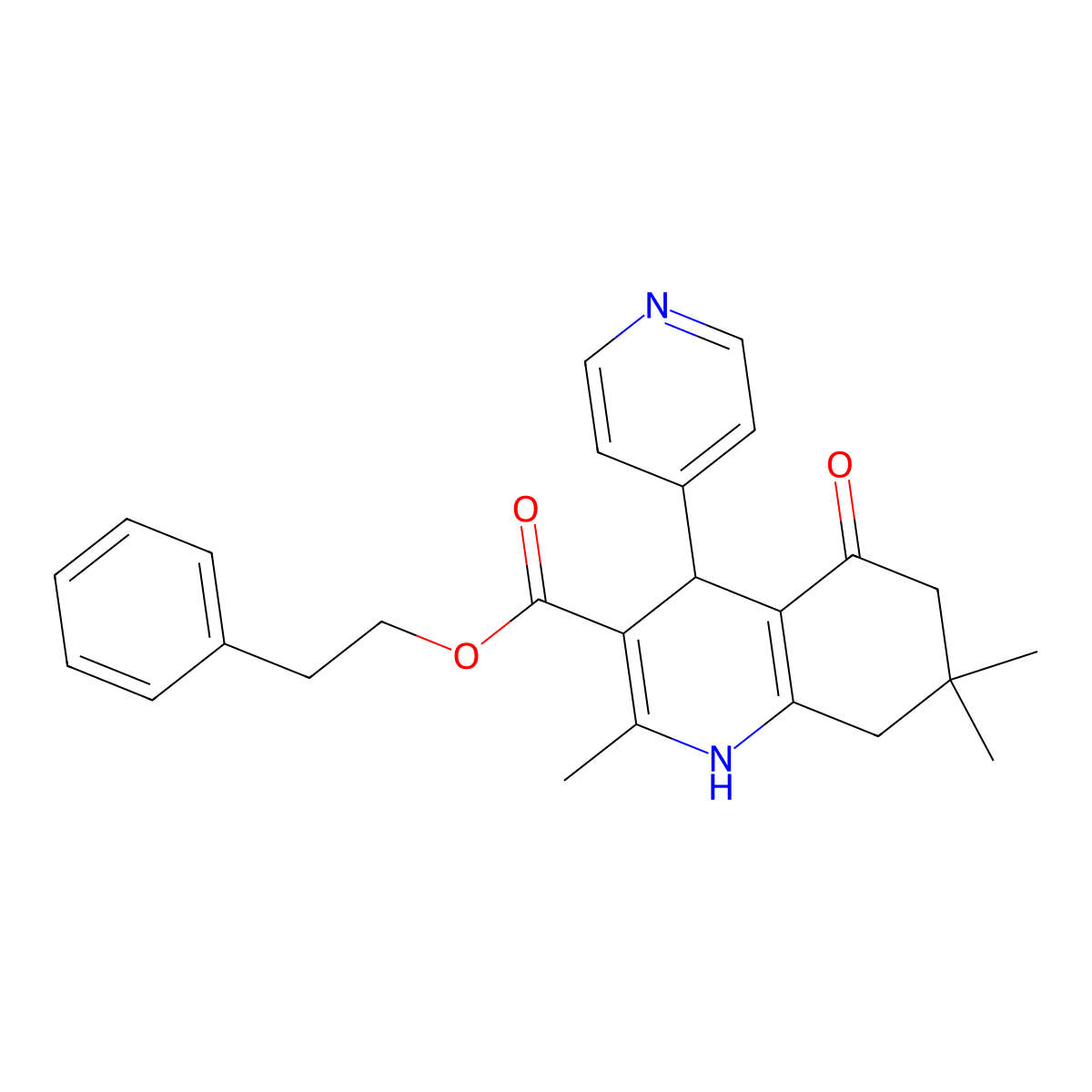 2-Phenylethyl 2,7,7-trimethyl-5-oxo-4-(4-pyridinyl)-1,4,5,6,7,8-hexahydro-3-quinolinecarboxylate molecular structure, CAS 312586-60-0
