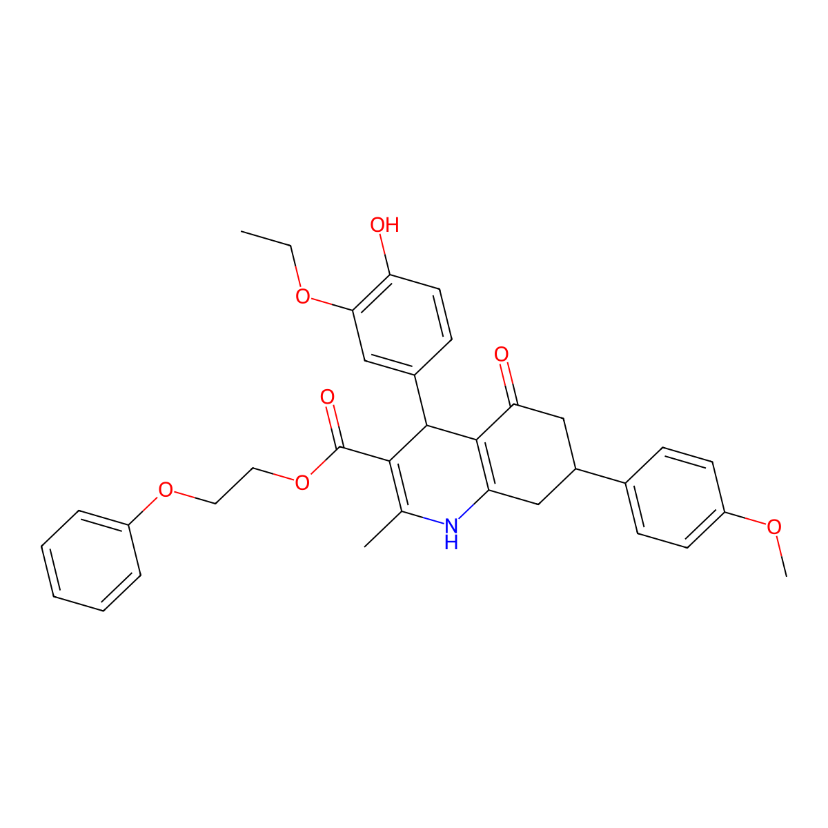 2-Phenoxyethyl 4-(3-ethoxy-4-hydroxyphenyl)-7-(4-methoxyphenyl)-2-methyl-5-oxo-1,4,5,6,7,8-hexahydroquinoline-3-carboxylate molecular structure, CAS 312586-64-4