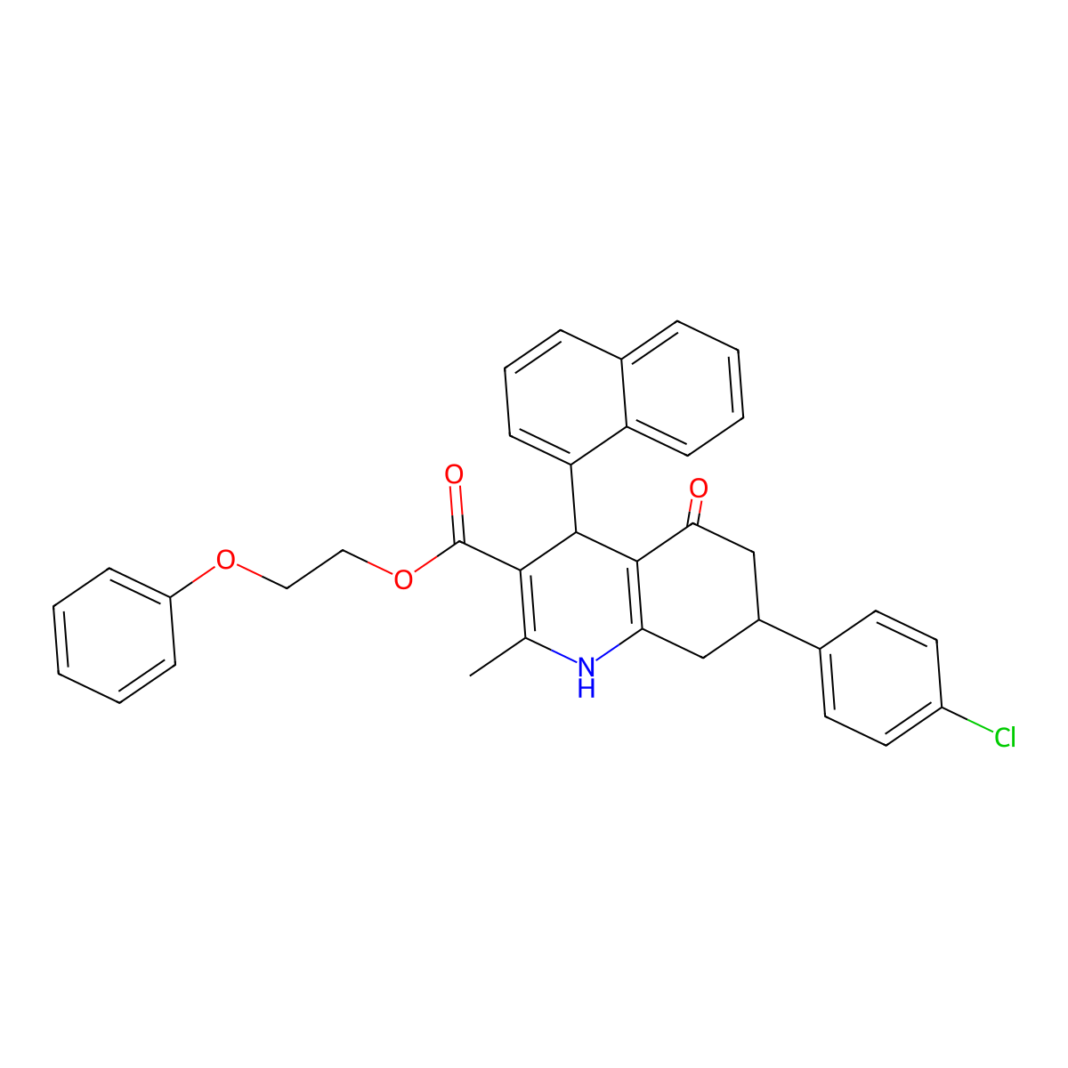 2-Phenoxyethyl 7-(4-chlorophenyl)-2-methyl-4-(naphthalen-1-yl)-5-oxo-1,4,5,6,7,8-hexahydroquinoline-3-carboxylate molecular structure, CAS 312586-68-8