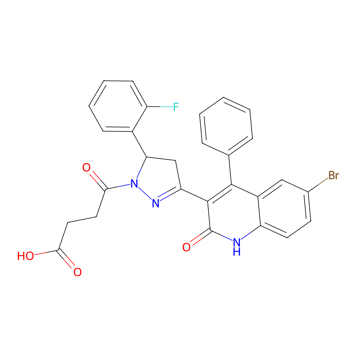 4-(3-(6-bromo-2-oxo-4-phenyl-1,2-dihydroquinolin-3-yl)-5-(2-fluorophenyl)-4,5-dihydro-1H-pyrazol-1-yl)-4-oxobutanoic acid molecular structure, CAS 312586-98-4
