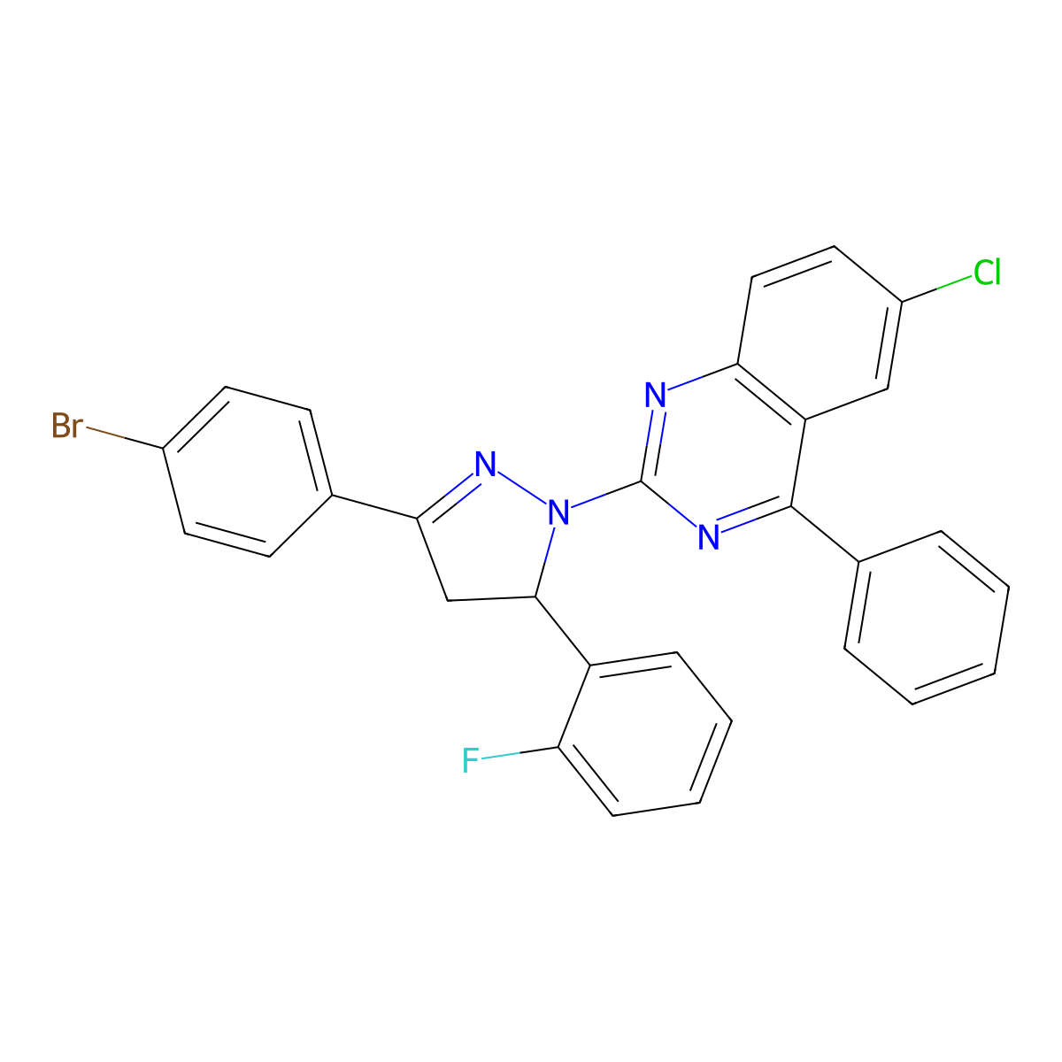 2-(3-(4-bromophenyl)-5-(2-fluorophenyl)-4,5-dihydro-1H-pyrazol-1-yl)-6-chloro-4-phenylquinazoline molecular structure, CAS 312587-02-3