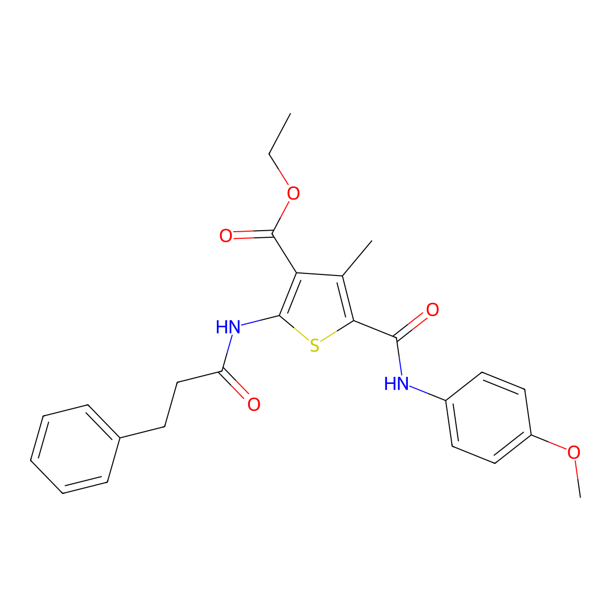 Ethyl 5-[(4-methoxyphenyl)carbamoyl]-4-methyl-2-(3-phenylpropanamido)thiophene-3-carboxylate molecular structure, CAS 312587-11-4