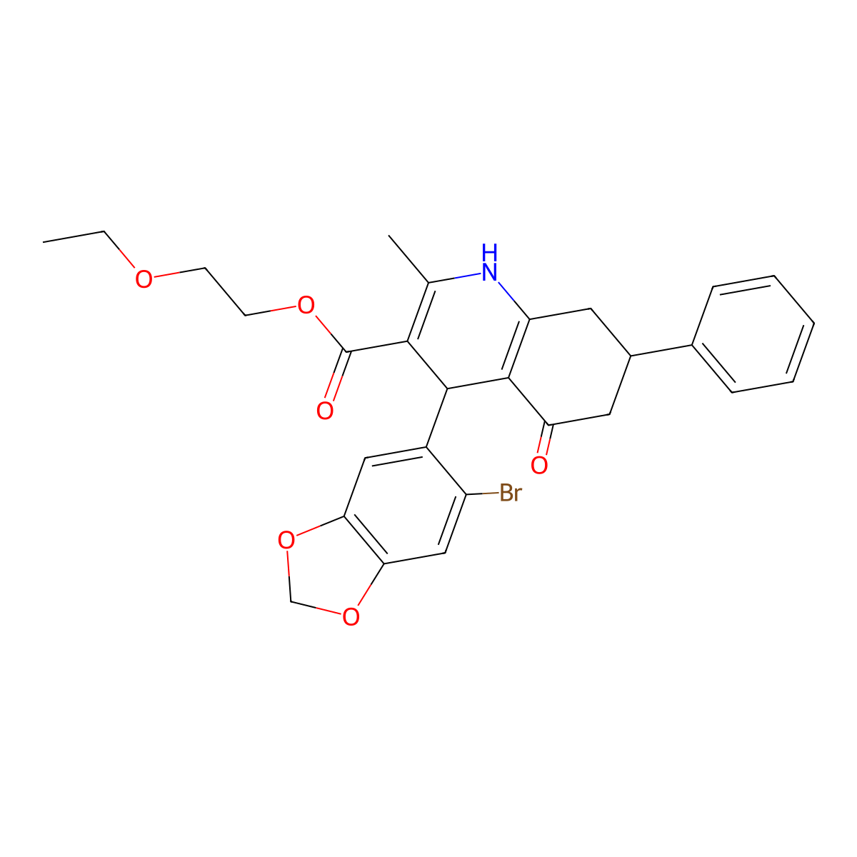 2-Ethoxyethyl 4-(6-bromo-1,3-benzodioxol-5-yl)-2-methyl-5-oxo-7-phenyl-1,4,5,6,7,8-hexahydroquinoline-3-carboxylate molecular structure, CAS 312587-18-1