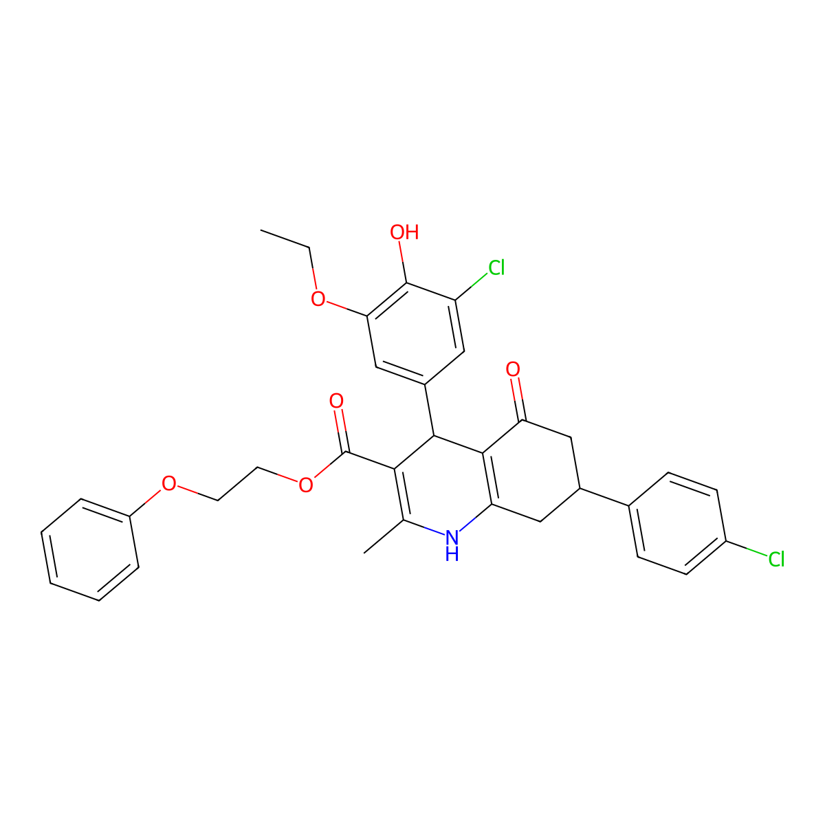 2-Phenoxyethyl 4-(3-chloro-5-ethoxy-4-hydroxyphenyl)-7-(4-chlorophenyl)-2-methyl-5-oxo-1,4,5,6,7,8-hexahydroquinoline-3-carboxylate molecular structure, CAS 312587-25-0