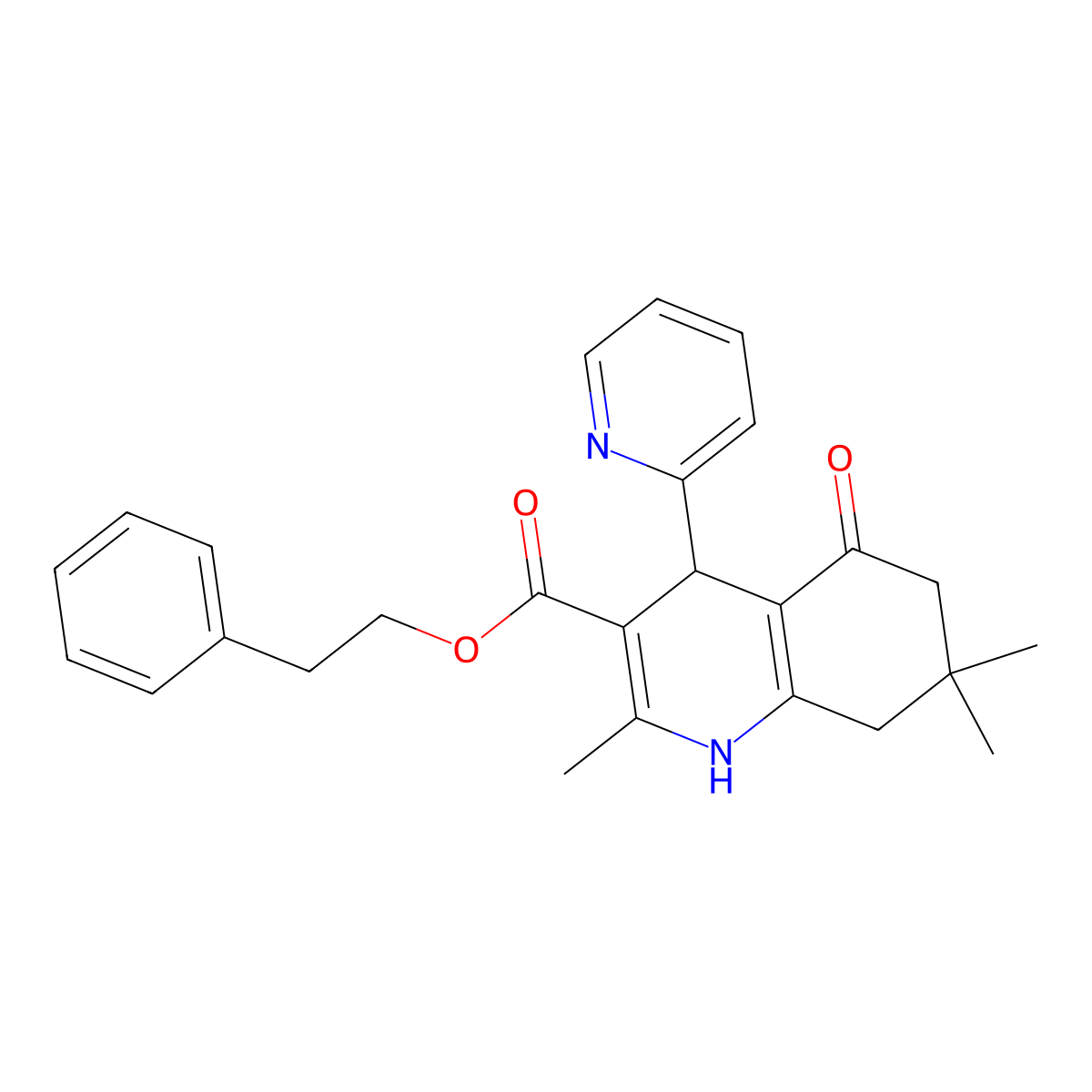 2-Phenylethyl 2,7,7-trimethyl-5-oxo-4-(pyridin-2-yl)-1,4,5,6,7,8-hexahydroquinoline-3-carboxylate molecular structure, CAS 312587-31-8