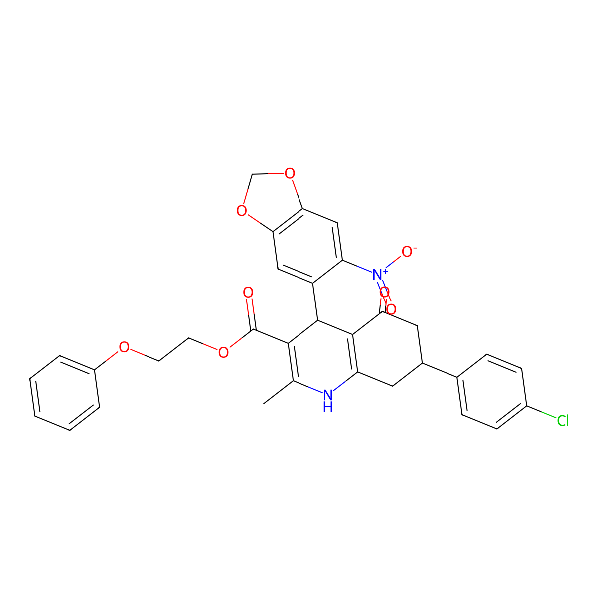 2-Phenoxyethyl 7-(4-chlorophenyl)-2-methyl-4-(6-nitro-1,3-benzodioxol-5-yl)-5-oxo-1,4,5,6,7,8-hexahydroquinoline-3-carboxylate molecular structure, CAS 312587-32-9