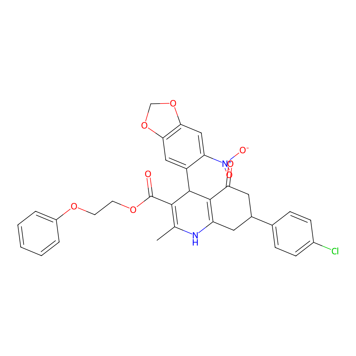 2-Phenoxyethyl 7-(4-chlorophenyl)-2-methyl-4-(6-nitro-1,3-benzodioxol-5-yl)-5-oxo-1,4,5,6,7,8-hexahydroquinoline-3-carboxylate molecular structure, CAS 312587-32-9