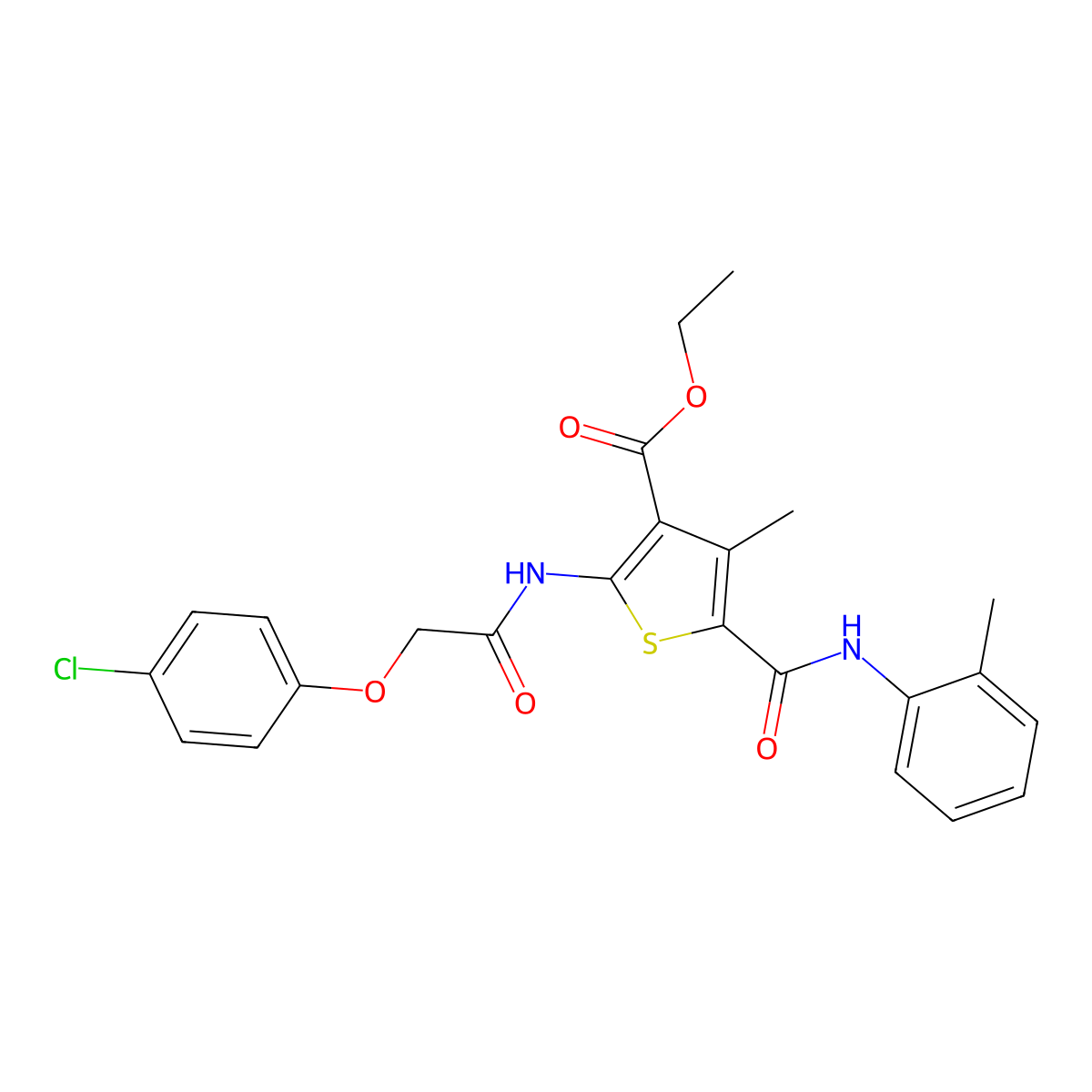 Ethyl 2-[2-(4-chlorophenoxy)acetamido]-4-methyl-5-[(2-methylphenyl)carbamoyl]thiophene-3-carboxylate molecular structure, CAS 312587-55-6