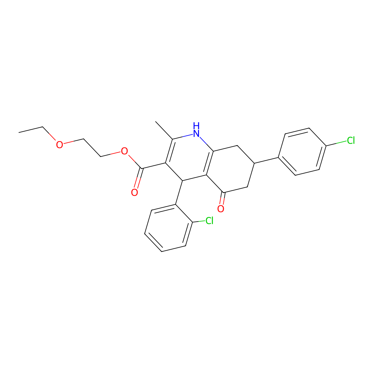 2-Ethoxyethyl 4-(2-chlorophenyl)-7-(4-chlorophenyl)-2-methyl-5-oxo-1,4,5,6,7,8-hexahydroquinoline-3-carboxylate molecular structure, CAS 312587-58-9