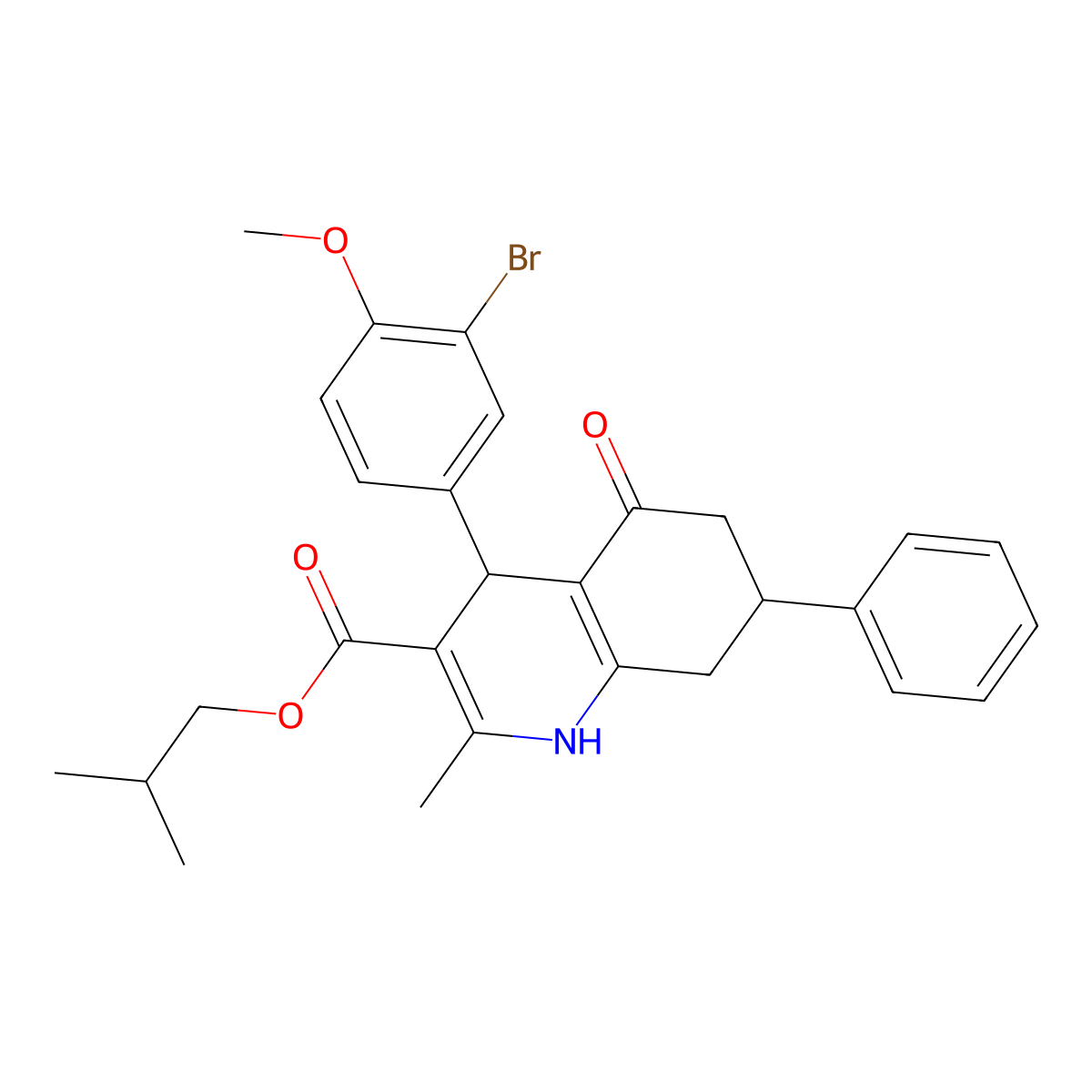 2-Methylpropyl 4-(3-bromo-4-methoxyphenyl)-2-methyl-5-oxo-7-phenyl-1,4,5,6,7,8-hexahydroquinoline-3-carboxylate molecular structure, CAS 312587-59-0