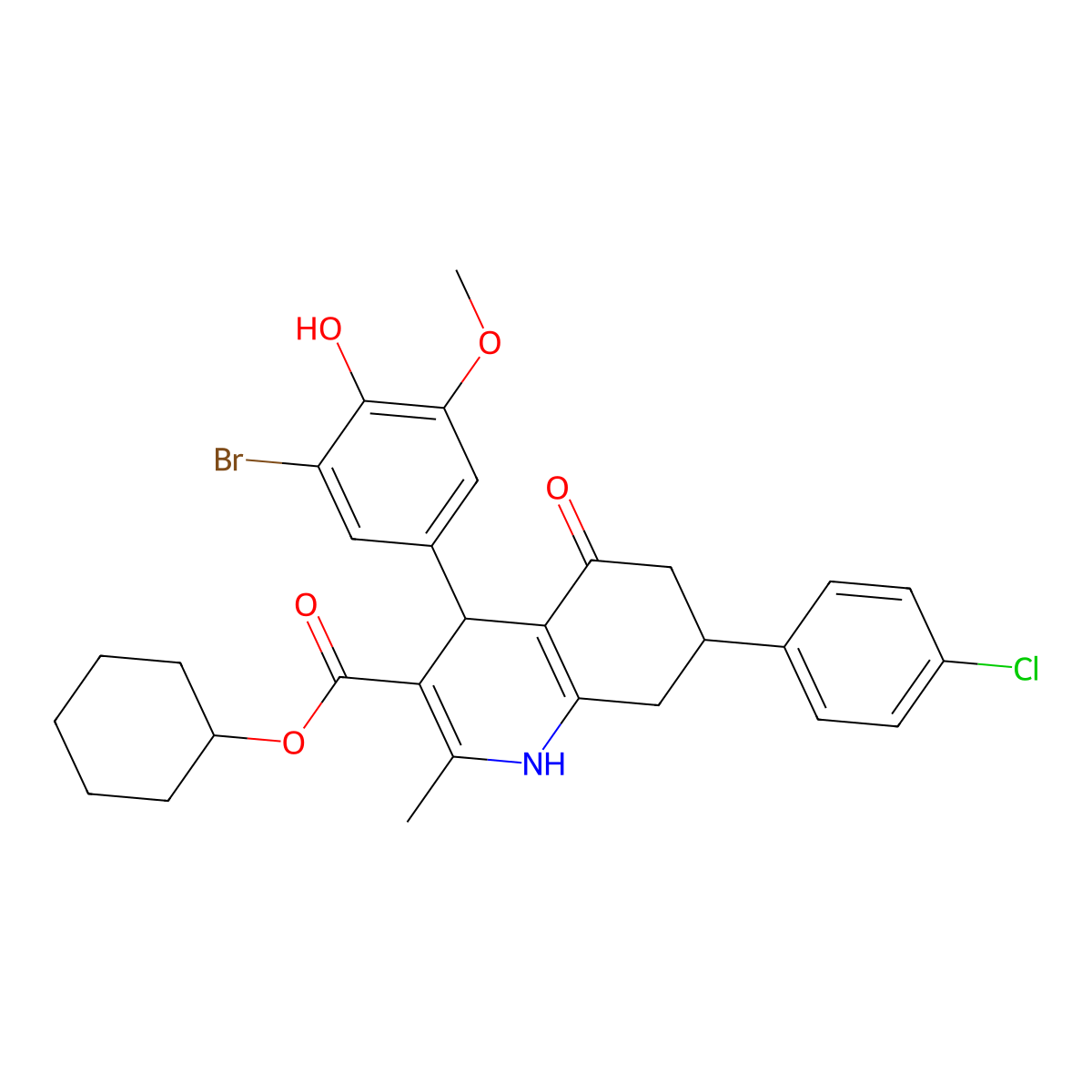 Cyclohexyl 4-(3-bromo-4-hydroxy-5-methoxyphenyl)-7-(4-chlorophenyl)-2-methyl-5-oxo-1,4,5,6,7,8-hexahydroquinoline-3-carboxylate molecular structure, CAS 312587-60-3