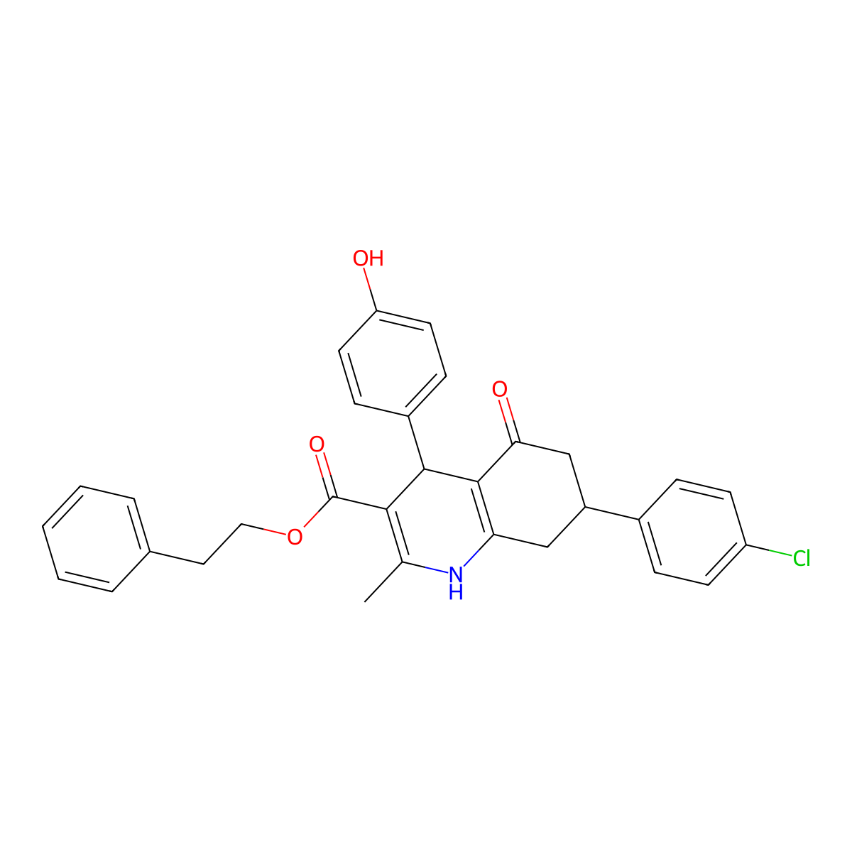 2-Phenylethyl 7-(4-chlorophenyl)-4-(4-hydroxyphenyl)-2-methyl-5-oxo-1,4,5,6,7,8-hexahydroquinoline-3-carboxylate molecular structure, CAS 312587-61-4