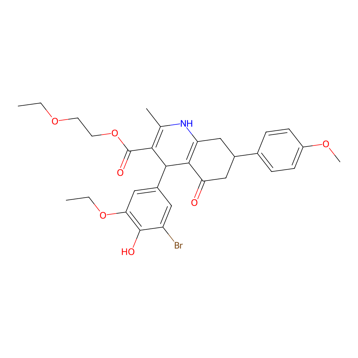 2-Ethoxyethyl 4-(3-bromo-5-ethoxy-4-hydroxyphenyl)-7-(4-methoxyphenyl)-2-methyl-5-oxo-1,4,5,6,7,8-hexahydroquinoline-3-carboxylate molecular structure, CAS 312587-62-5