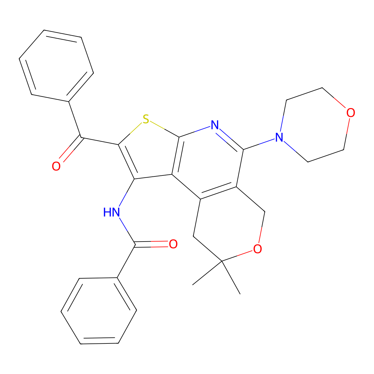 N-(2-benzoyl-8,8-dimethyl-5-morpholino-8,9-dihydro-6H-pyrano[4,3-d]thieno[2,3-b]pyridin-1-yl)benzamide molecular structure, CAS 312594-17-5