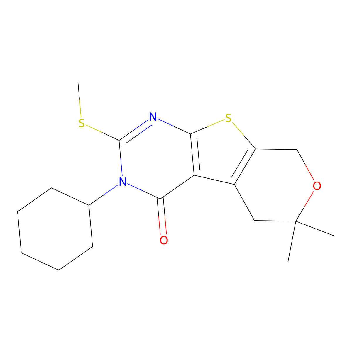 3-cyclohexyl-6,6-dimethyl-2-(methylsulfanyl)-3,5,6,8-tetrahydro-4H-pyrano[4',3':4,5]thieno[2,3-d]pyrimidin-4-one molecular structure, CAS 312594-29-9