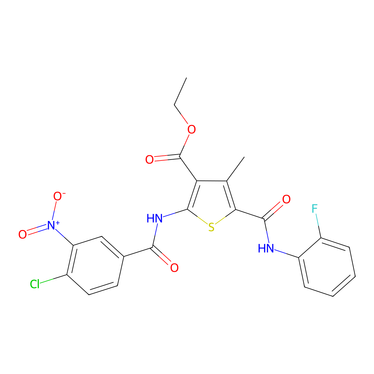 Ethyl 2-(4-chloro-3-nitrobenzamido)-5-[(2-fluorophenyl)carbamoyl]-4-methylthiophene-3-carboxylate molecular structure, CAS 312595-87-2