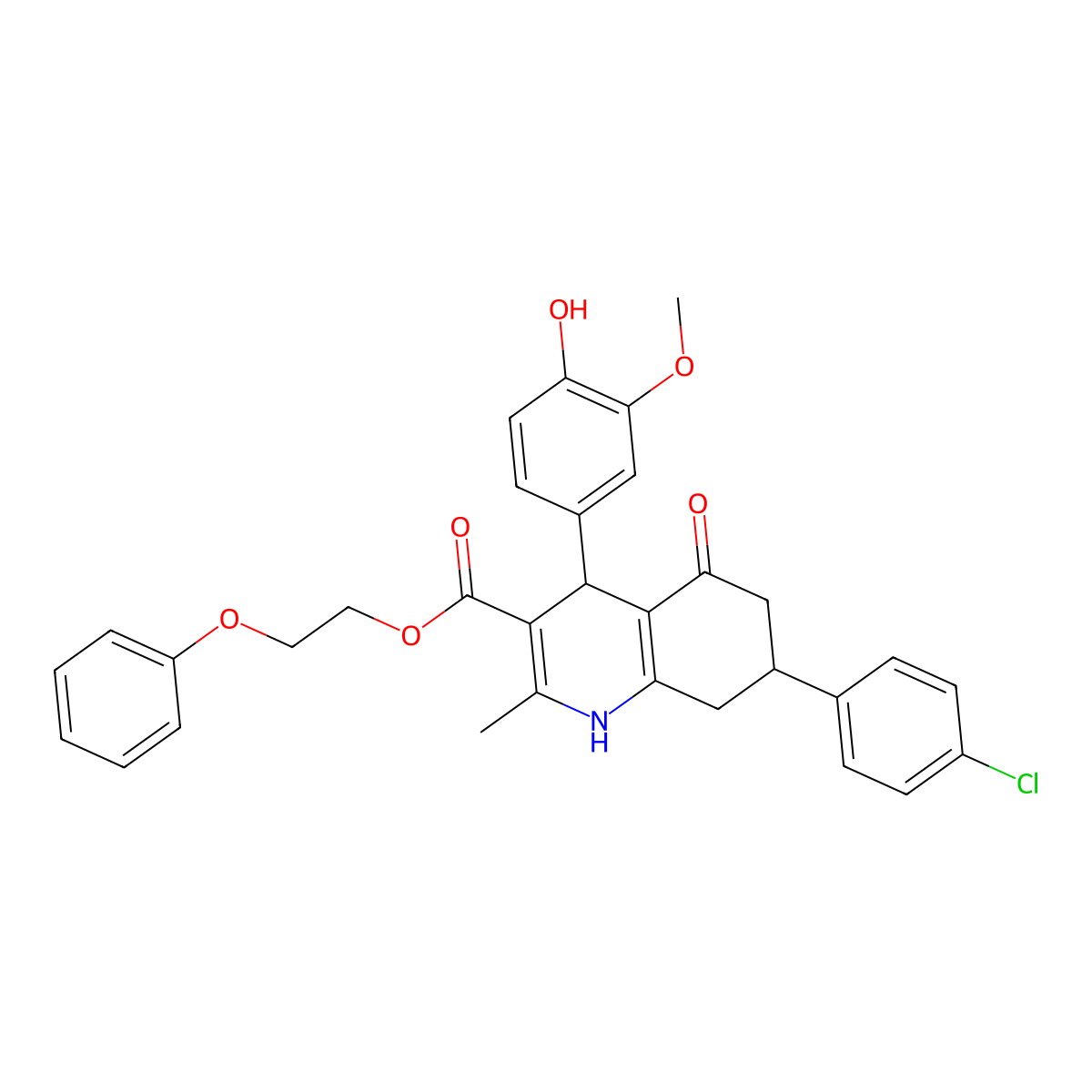2-Phenoxyethyl 7-(4-chlorophenyl)-4-(4-hydroxy-3-methoxyphenyl)-2-methyl-5-oxo-1,4,5,6,7,8-hexahydroquinoline-3-carboxylate molecular structure, CAS 312595-99-6