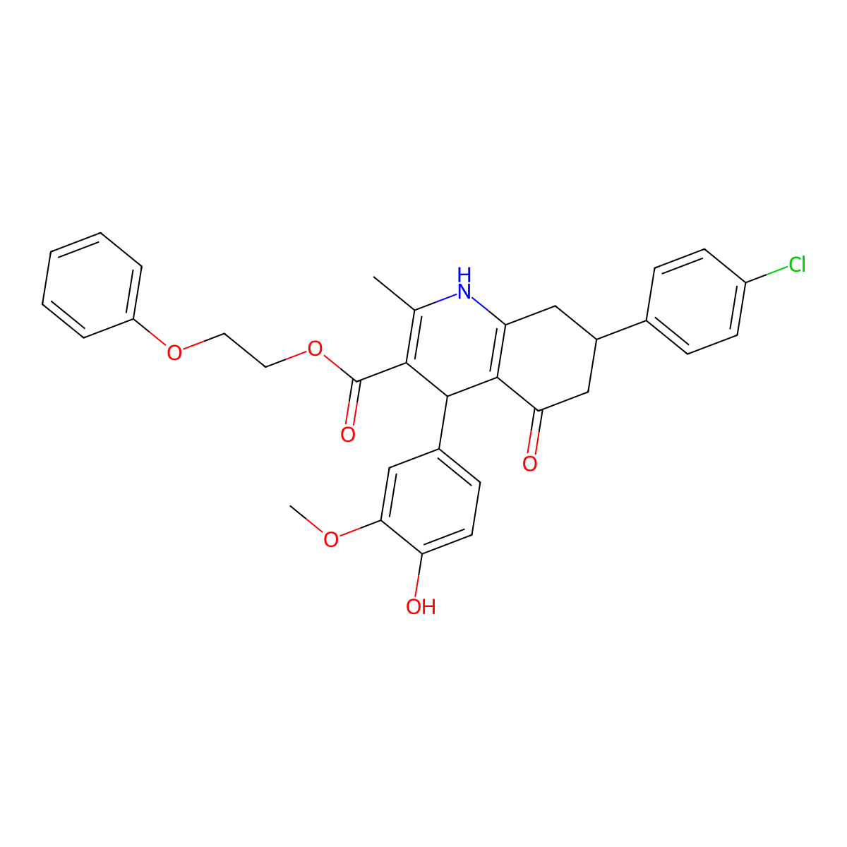2-Phenoxyethyl 7-(4-chlorophenyl)-4-(4-hydroxy-3-methoxyphenyl)-2-methyl-5-oxo-1,4,5,6,7,8-hexahydroquinoline-3-carboxylate molecular structure, CAS 312595-99-6