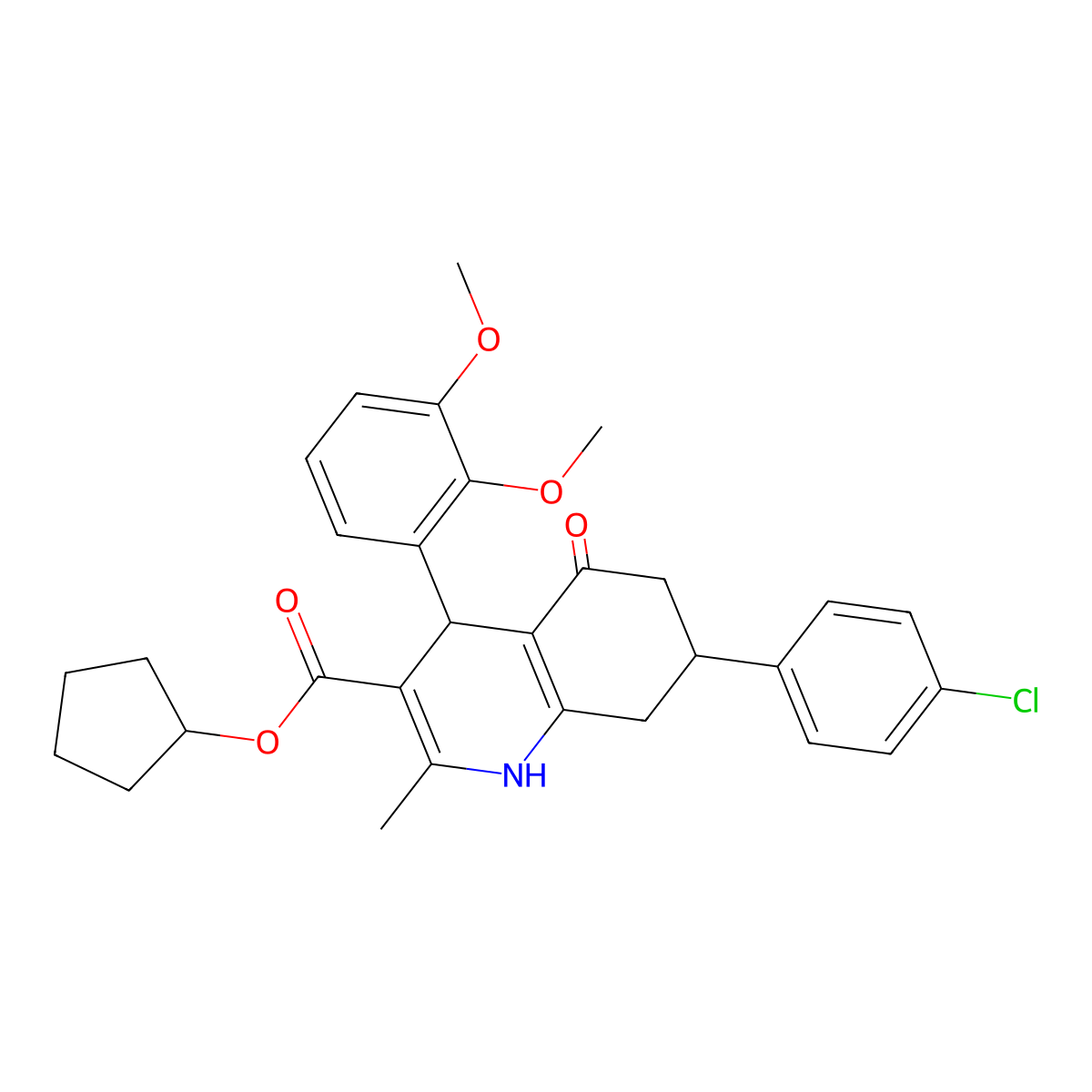 Cyclopentyl 7-(4-chlorophenyl)-4-(2,3-dimethoxyphenyl)-2-methyl-5-oxo-1,4,5,6,7,8-hexahydroquinoline-3-carboxylate molecular structure, CAS 312596-08-0