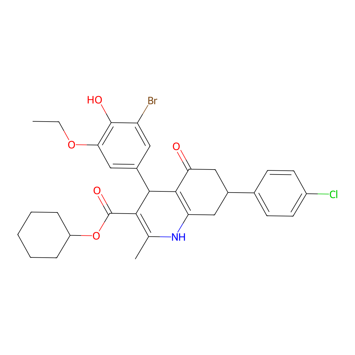 Cyclohexyl 4-(3-bromo-5-ethoxy-4-hydroxyphenyl)-7-(4-chlorophenyl)-2-methyl-5-oxo-1,4,5,6,7,8-hexahydroquinoline-3-carboxylate molecular structure, CAS 312596-14-8