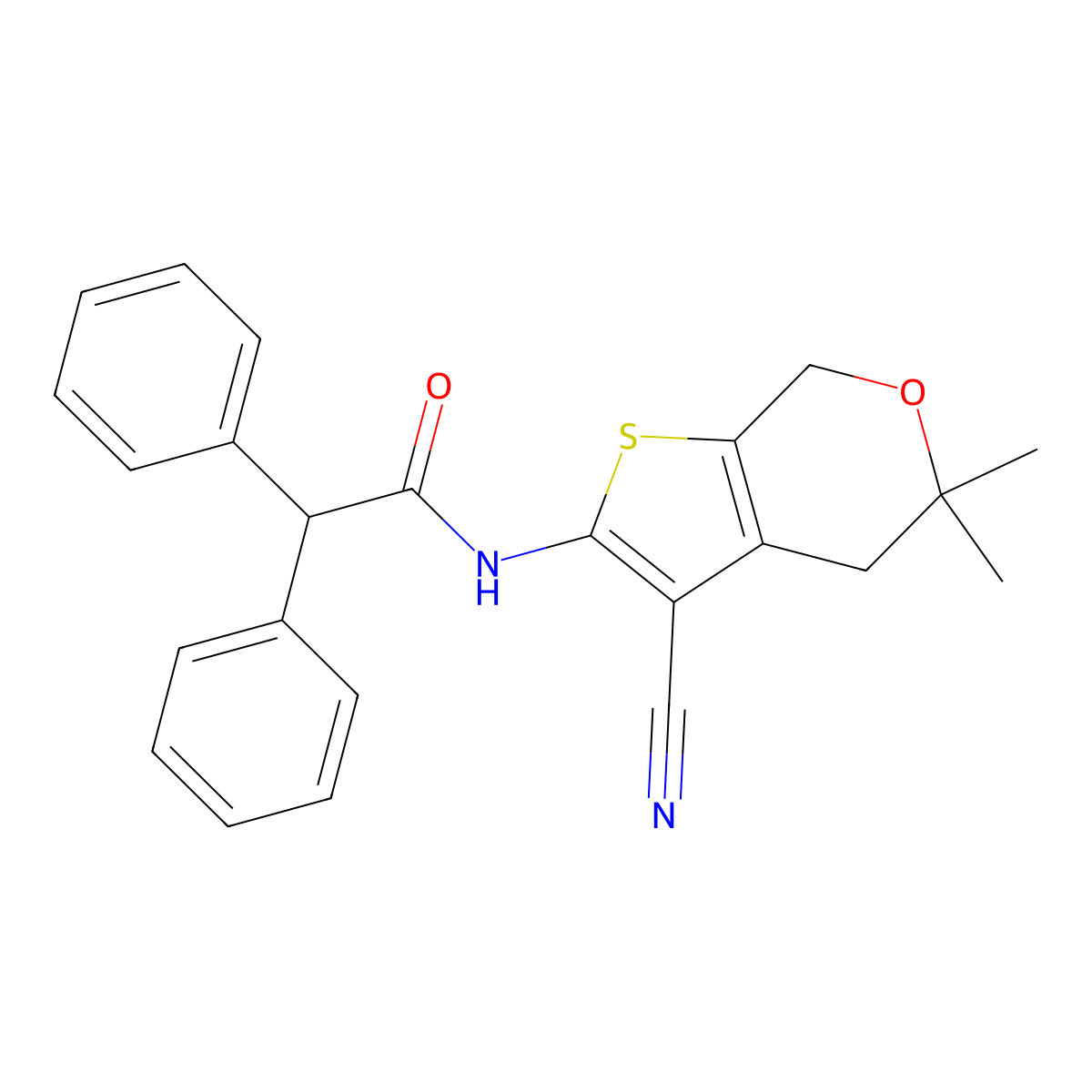 N-(3-cyano-5,5-dimethyl-4,7-dihydro-5H-thieno[2,3-c]pyran-2-yl)-2,2-diphenylacetamide molecular structure, CAS 312596-36-4