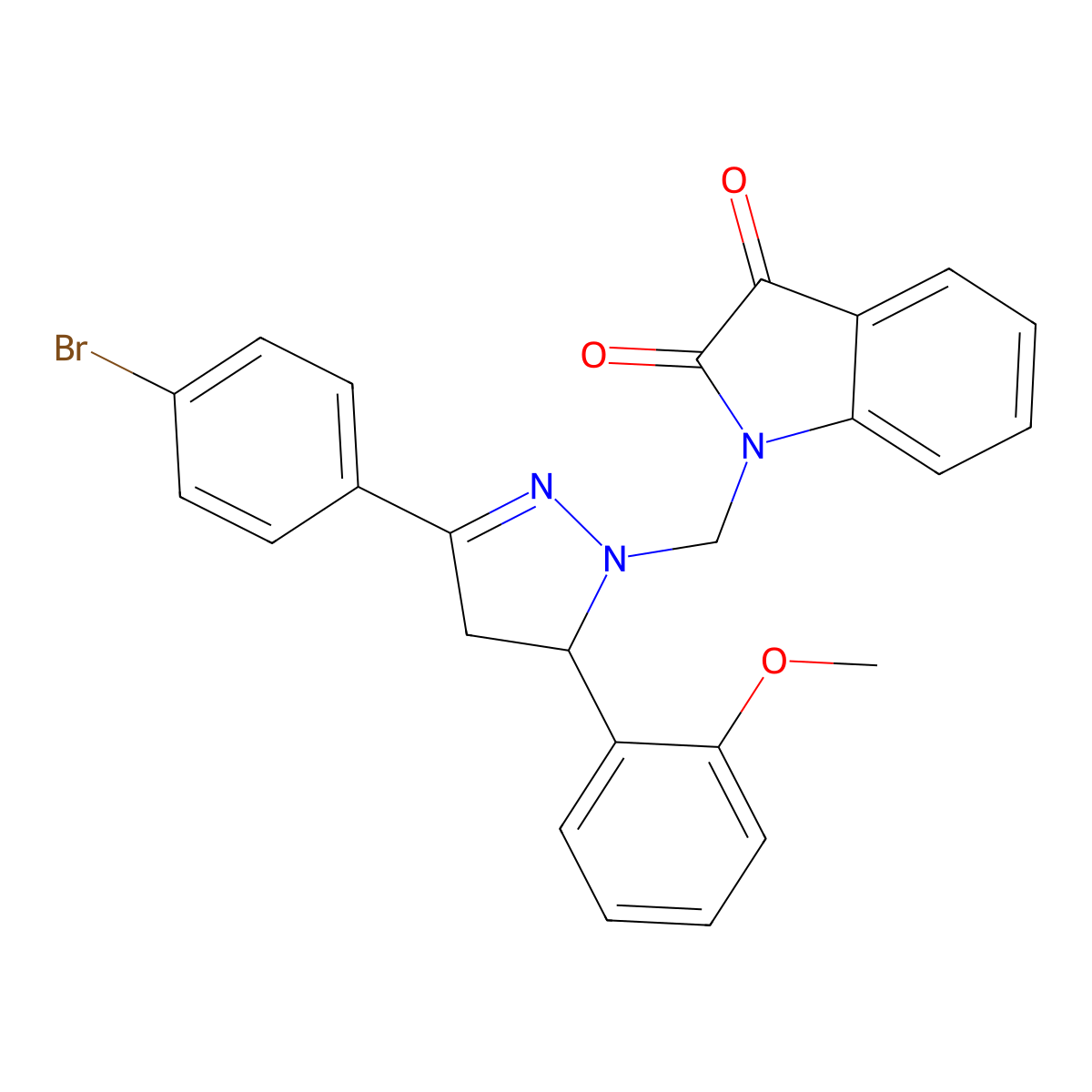1-((3-(4-bromophenyl)-5-(2-methoxyphenyl)-4,5-dihydro-1H-pyrazol-1-yl)methyl)indoline-2,3-dione molecular structure, CAS 312596-59-1