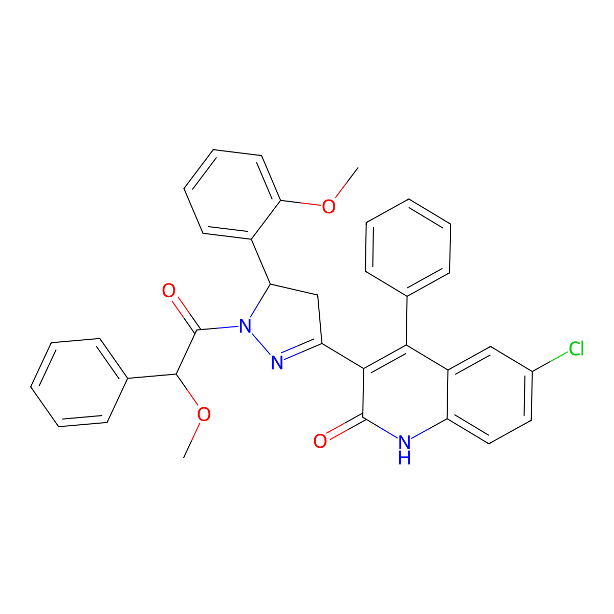 6-chloro-3-(1-(2-methoxy-2-phenylacetyl)-5-(2-methoxyphenyl)-4,5-dihydro-1H-pyrazol-3-yl)-4-phenylquinolin-2(1H)-one molecular structure, CAS 312596-60-4