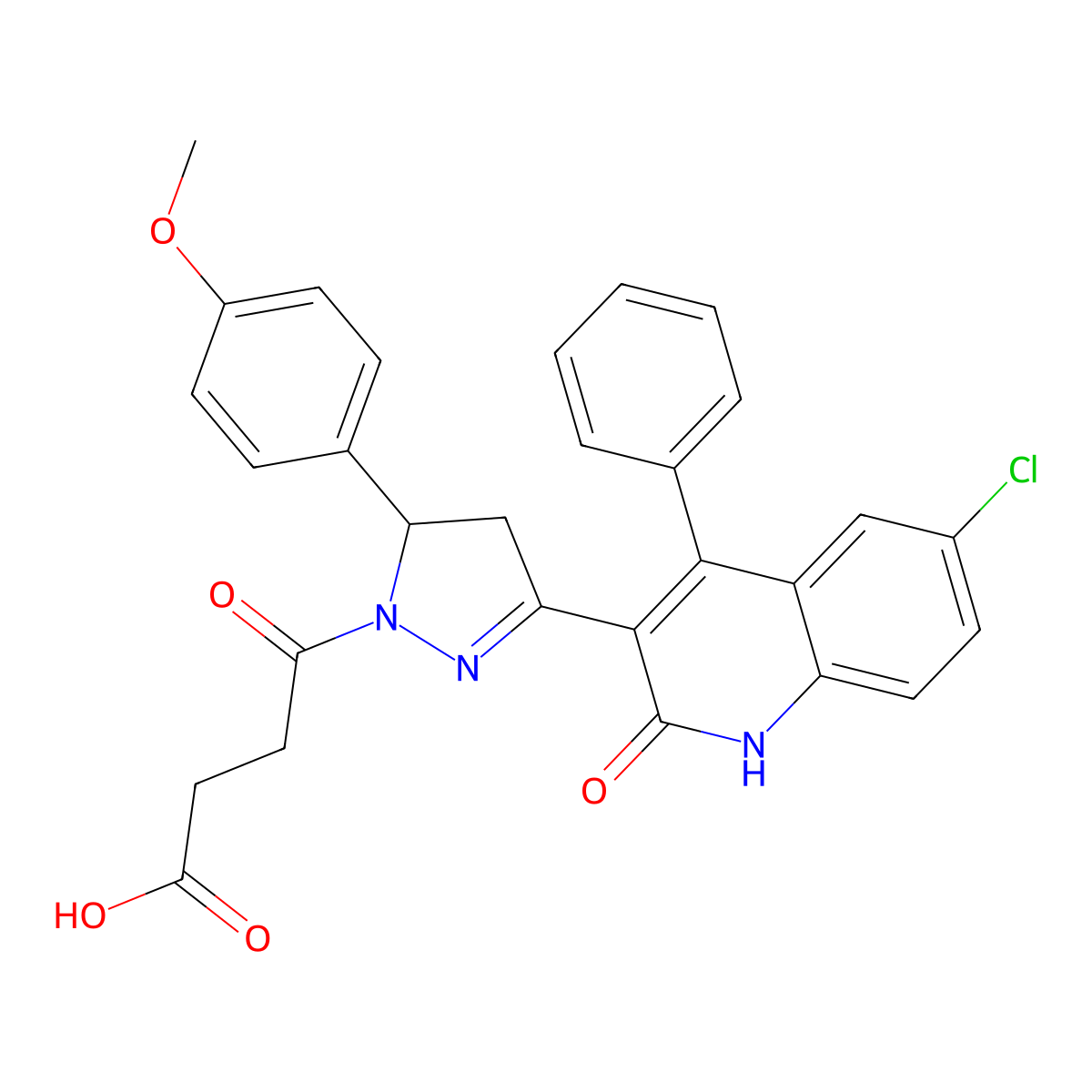 4-(3-(6-chloro-2-oxo-4-phenyl-1,2-dihydroquinolin-3-yl)-5-(4-methoxyphenyl)-4,5-dihydro-1H-pyrazol-1-yl)-4-oxobutanoic acid molecular structure, CAS 312596-62-6