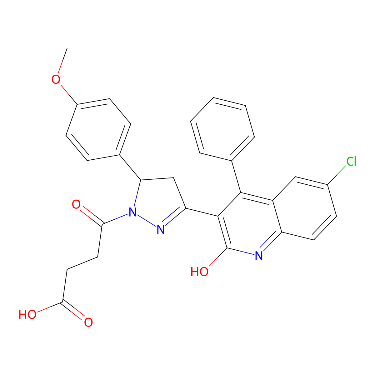 4-(3-(6-chloro-2-oxo-4-phenyl-1,2-dihydroquinolin-3-yl)-5-(4-methoxyphenyl)-4,5-dihydro-1H-pyrazol-1-yl)-4-oxobutanoic acid molecular structure, CAS 312596-62-6