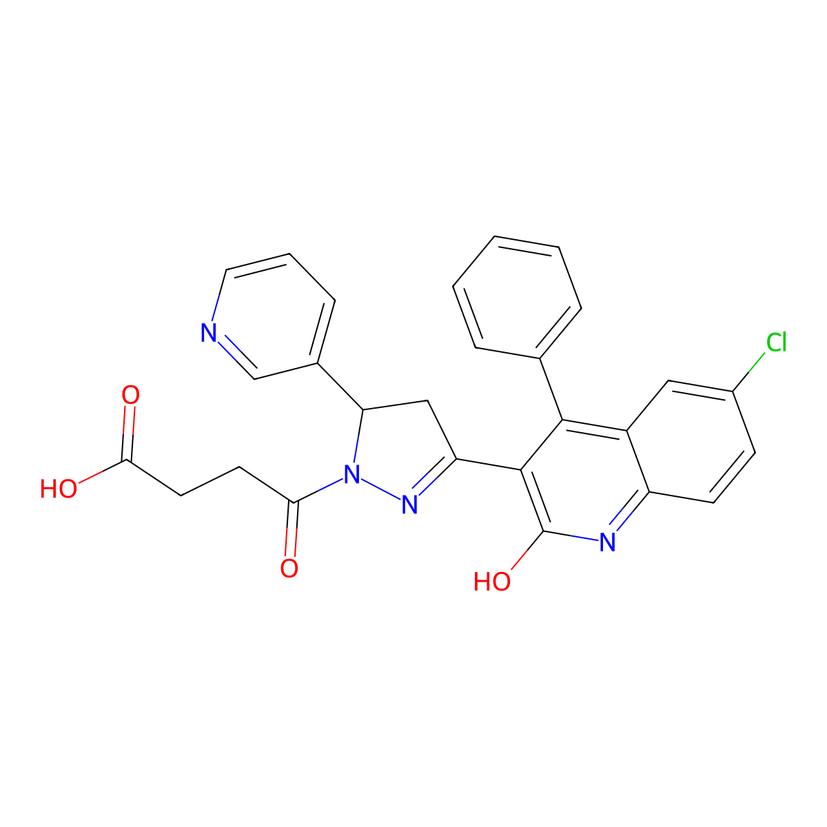 4-(3-(6-chloro-2-oxo-4-phenyl-1,2-dihydroquinolin-3-yl)-5-(pyridin-3-yl)-4,5-dihydro-1H-pyrazol-1-yl)-4-oxobutanoic acid molecular structure, CAS 312596-65-9