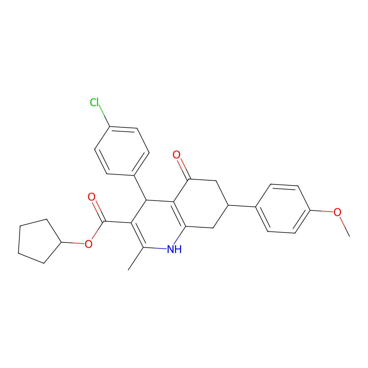 Cyclopentyl 4-(4-chlorophenyl)-7-(4-methoxyphenyl)-2-methyl-5-oxo-1,4,5,6,7,8-hexahydroquinoline-3-carboxylate molecular structure, CAS 312596-94-4