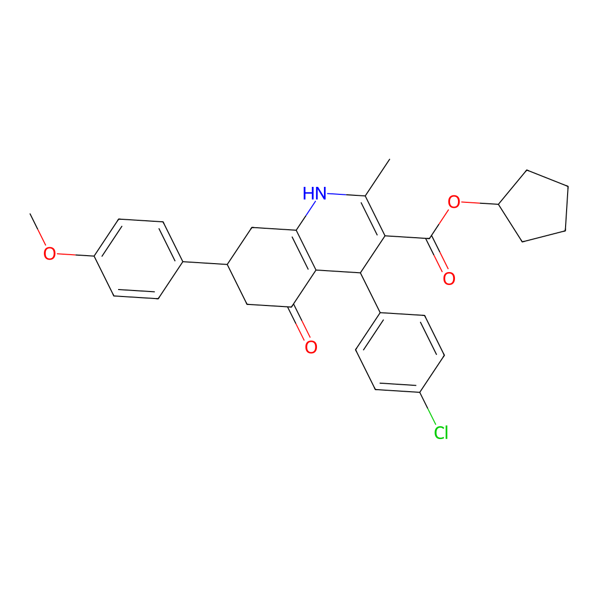 Cyclopentyl 4-(4-chlorophenyl)-7-(4-methoxyphenyl)-2-methyl-5-oxo-1,4,5,6,7,8-hexahydroquinoline-3-carboxylate molecular structure, CAS 312596-94-4
