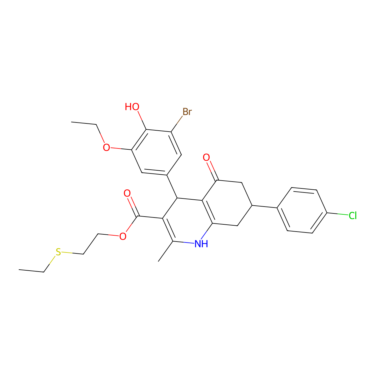 2-(Ethylsulfanyl)ethyl 4-(3-bromo-5-ethoxy-4-hydroxyphenyl)-7-(4-chlorophenyl)-2-methyl-5-oxo-1,4,5,6,7,8-hexahydroquinoline-3-carboxylate molecular structure, CAS 312596-95-5