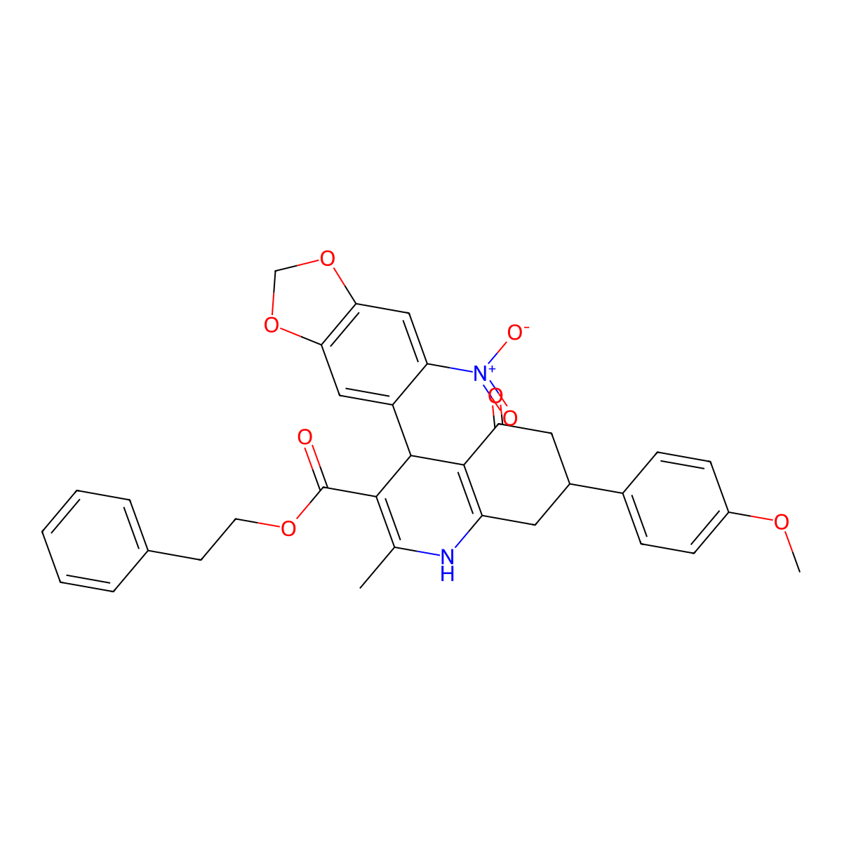 2-Phenylethyl 7-(4-methoxyphenyl)-2-methyl-4-(6-nitro-1,3-benzodioxol-5-yl)-5-oxo-1,4,5,6,7,8-hexahydroquinoline-3-carboxylate molecular structure, CAS 312596-99-9