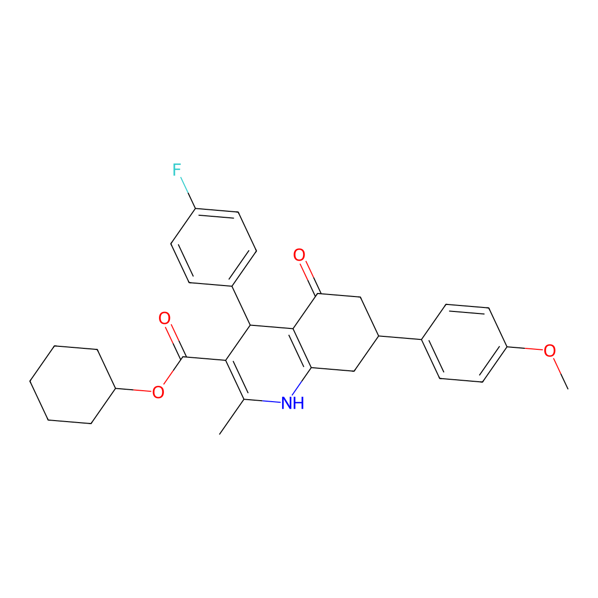 Cyclohexyl 4-(4-fluorophenyl)-7-(4-methoxyphenyl)-2-methyl-5-oxo-1,4,5,6,7,8-hexahydroquinoline-3-carboxylate molecular structure, CAS 312597-08-3