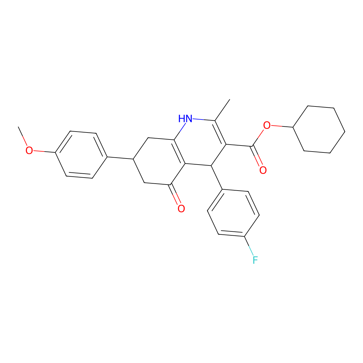 Cyclohexyl 4-(4-fluorophenyl)-7-(4-methoxyphenyl)-2-methyl-5-oxo-1,4,5,6,7,8-hexahydroquinoline-3-carboxylate molecular structure, CAS 312597-08-3