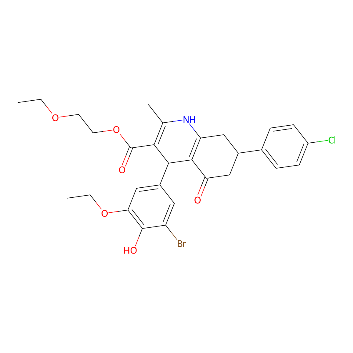 2-Ethoxyethyl 4-(3-bromo-5-ethoxy-4-hydroxyphenyl)-7-(4-chlorophenyl)-2-methyl-5-oxo-1,4,5,6,7,8-hexahydroquinoline-3-carboxylate molecular structure, CAS 312597-31-2
