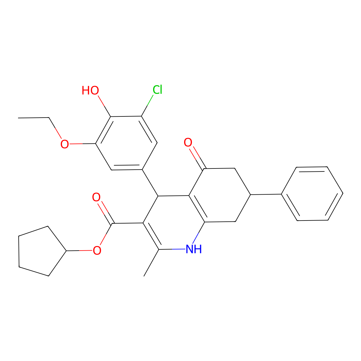 Cyclopentyl 4-(3-chloro-5-ethoxy-4-hydroxyphenyl)-2-methyl-5-oxo-7-phenyl-1,4,5,6,7,8-hexahydroquinoline-3-carboxylate molecular structure, CAS 312597-34-5